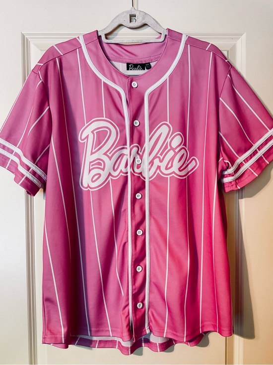 Barbie Tops - Barbie‎ Pink Baseball Jersey 💕 XXL Button-Up Pinstripe Graphic Top